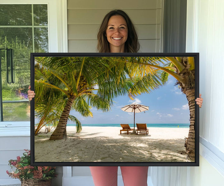 The canvas art print titled Lounge Chairs Palm Trees on Tropical Beach offers free shipping.