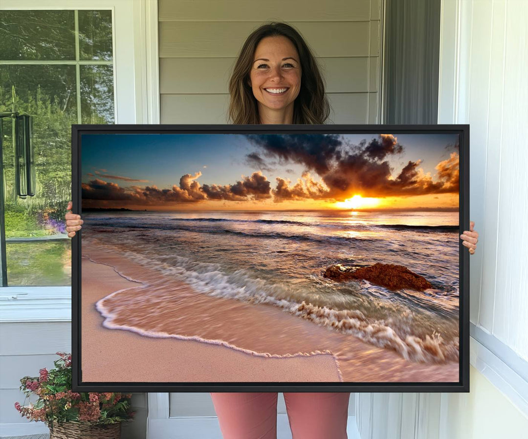 Coastal dining room decor: serene ocean waves triptych canvas.