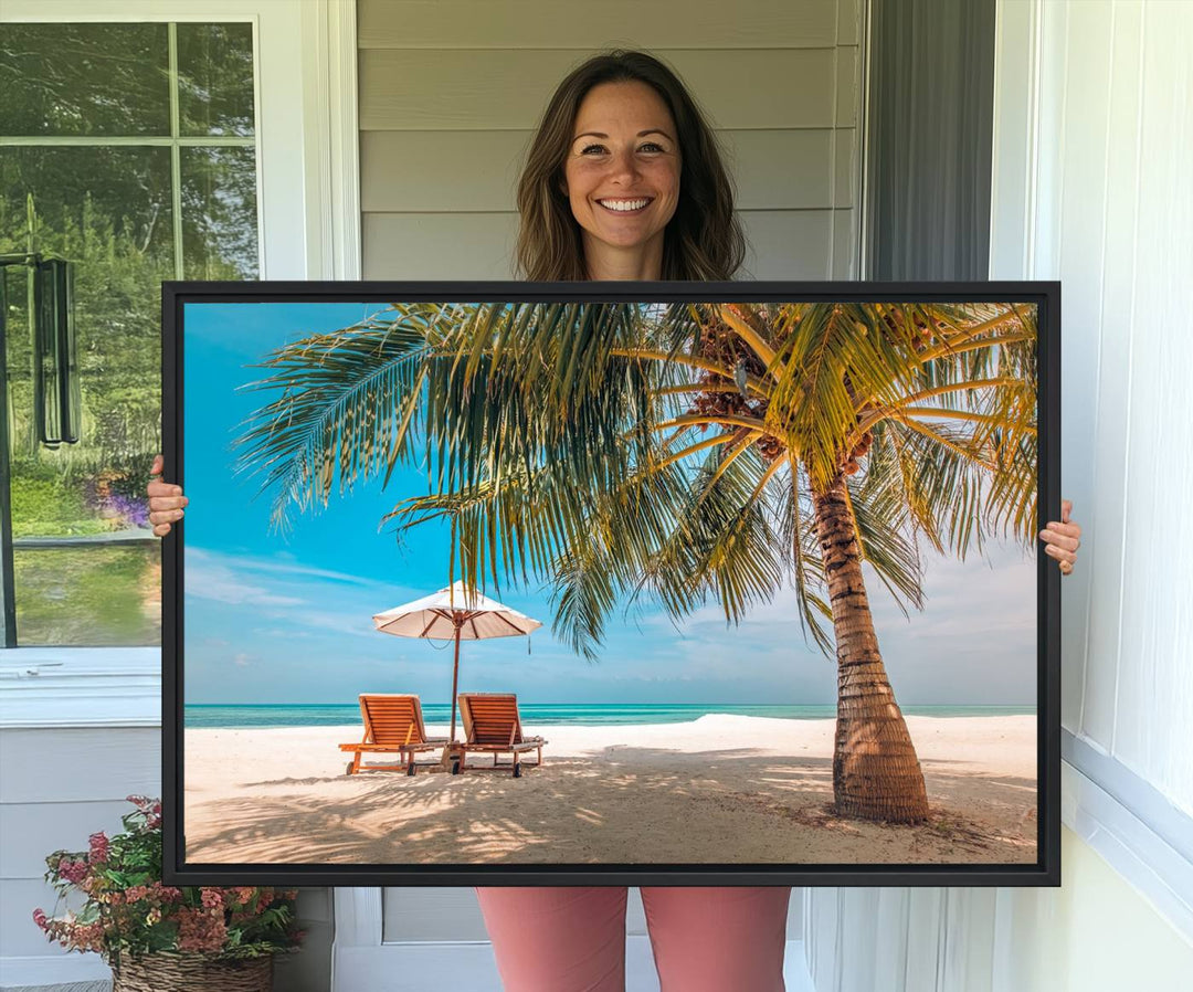 The 3-panel Tropical Beach Wall Art features palm trees and sun loungers, perfect for coastal decor.