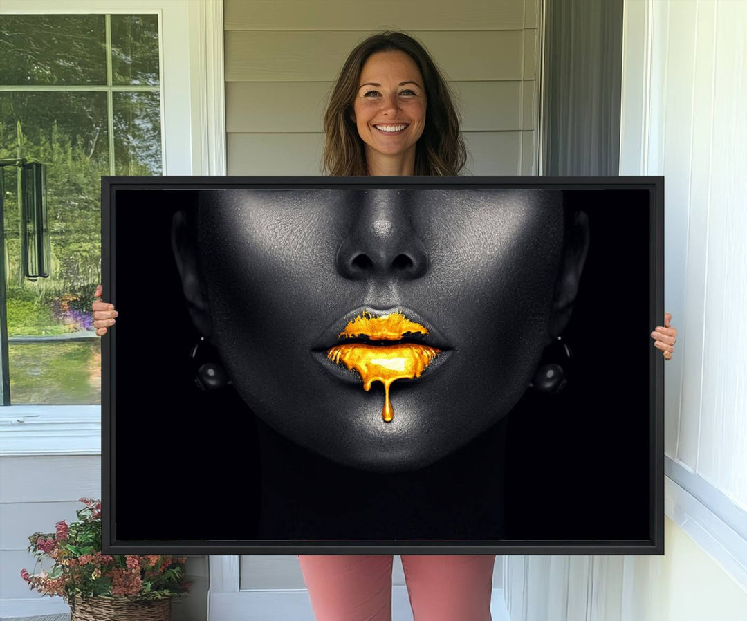 The Honey Gold Lips and Black Woman Photograph canvas print adds a striking touch to the room.