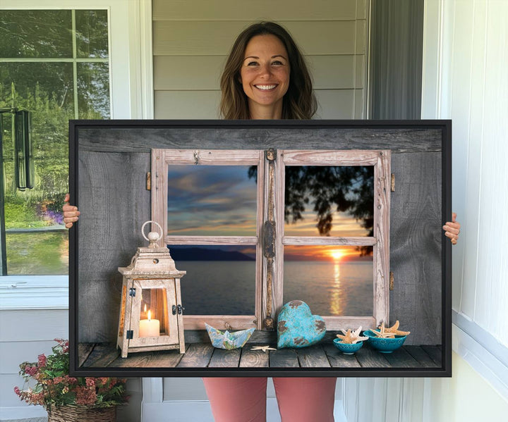 The Astonishing Sunset from the Window canvas print beautifully captures a sea view, accompanied by a lantern and starfish.