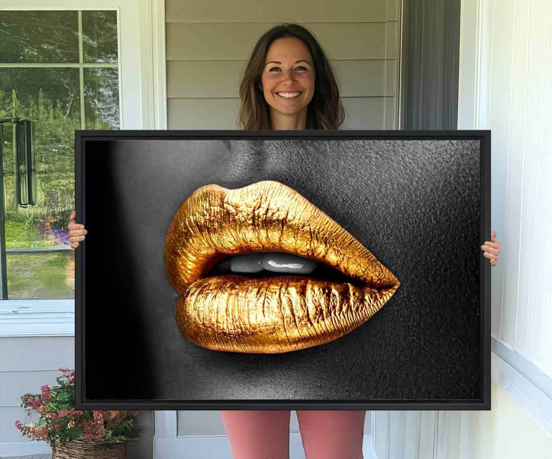 The Gold Lips Canvas Wall Art on a black background is showcased.