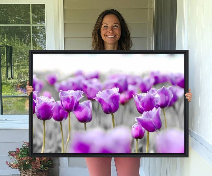 A gallery-wrapped Tulip Fields canvas wall art in a vivid purple hue.