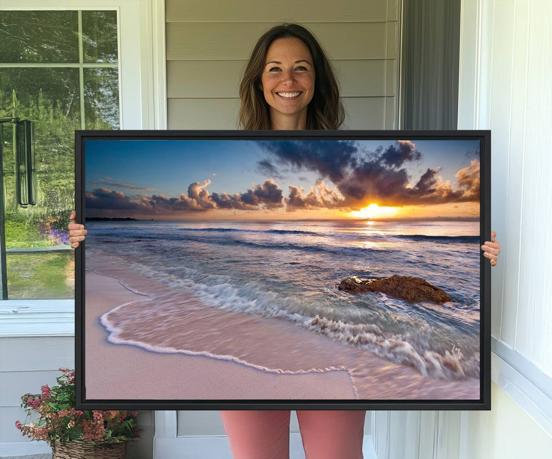 The room features a Sunset Beach Waves Canvas above the counter.