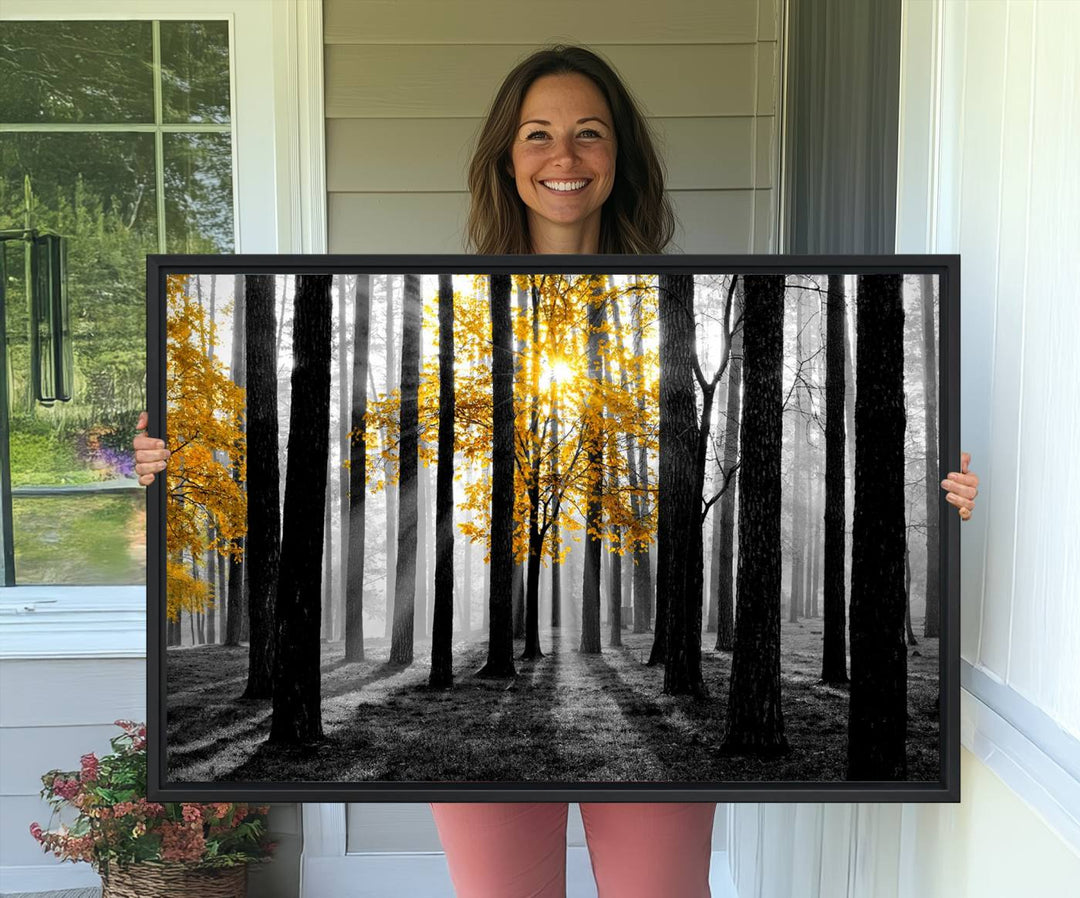 Nature Misty Foggy Autumn Forest Wall Art Print displayed above a modern dining room.