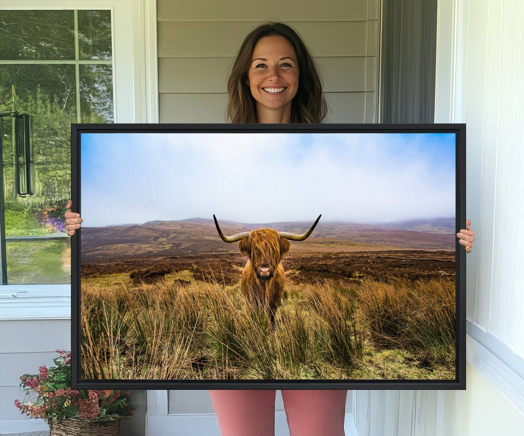 A Scottish Highland Cow art print canvas with UV-protection adorns the wall, preserving vivid details.