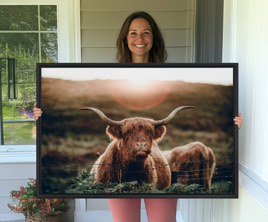 A Highland Cow Animal Canvas Wall Art, featuring a grassy field, is displayed on the wall.