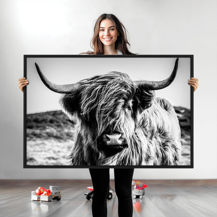 Highland Cow Wall Art | 3-Panel Black and White Highland Cow Canvas Print for Western Farmhouse Decor