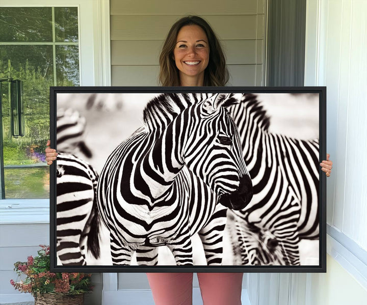 The Brilliant Zebra Photography Art Canvas Print hangs prominently on the wall.