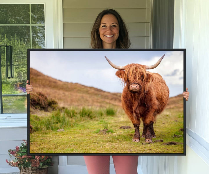 A Highland Cow Animal Canvas Wall Art hangs on the wall, adding warmth to the room.