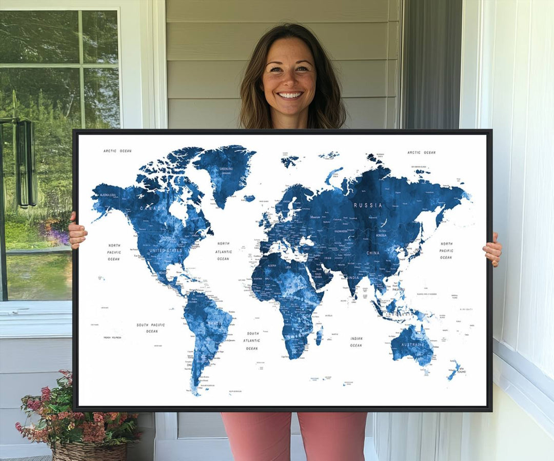 Navy Blue Wall Art World Map Canvas Print, an ideal piece for anyone seeking unique home or office decor.