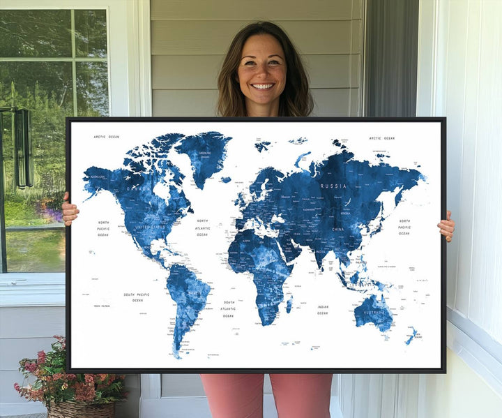 Navy Blue Wall Art World Map Canvas Print, an ideal piece for anyone seeking unique home or office decor.