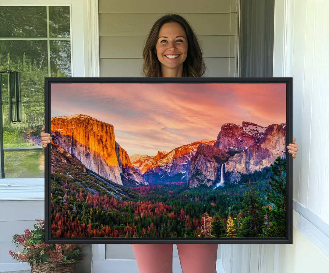 An El Capitan Yosemite Canvas showcasing a sunset over a mountain valley.