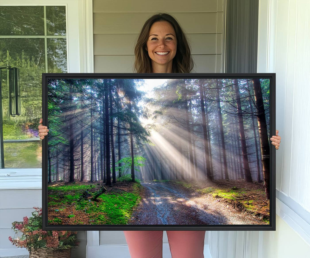 The dining area features a 3-panel Forest Path Canvas showcasing sun rays filtering through a misty forest.