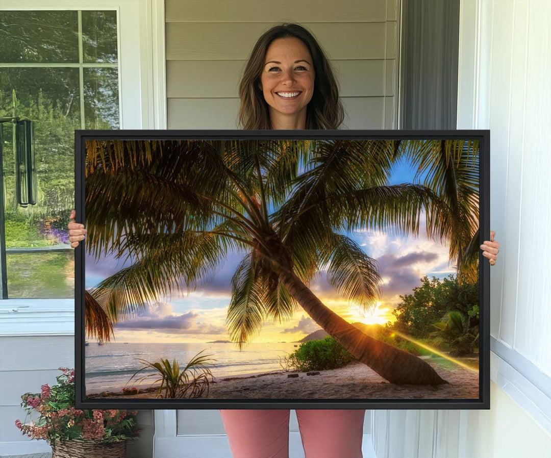 A Coastal Sunset Palm Tree canvas print hangs prominently.