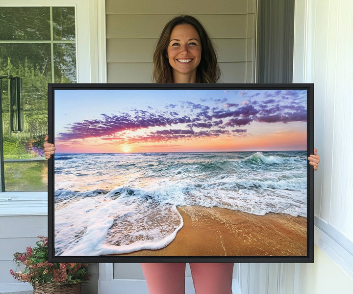 The Vivid Sunset Ocean Waves Triptych hangs on a wooden wall.