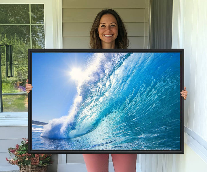 The Blue Big Wave Surfing Ocean Canvas adds a coastal vibe to a wooden wall.