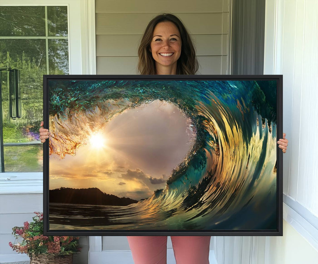 A Golden Wave Sunset Giclee hangs above, showcasing colorful ocean wave art.