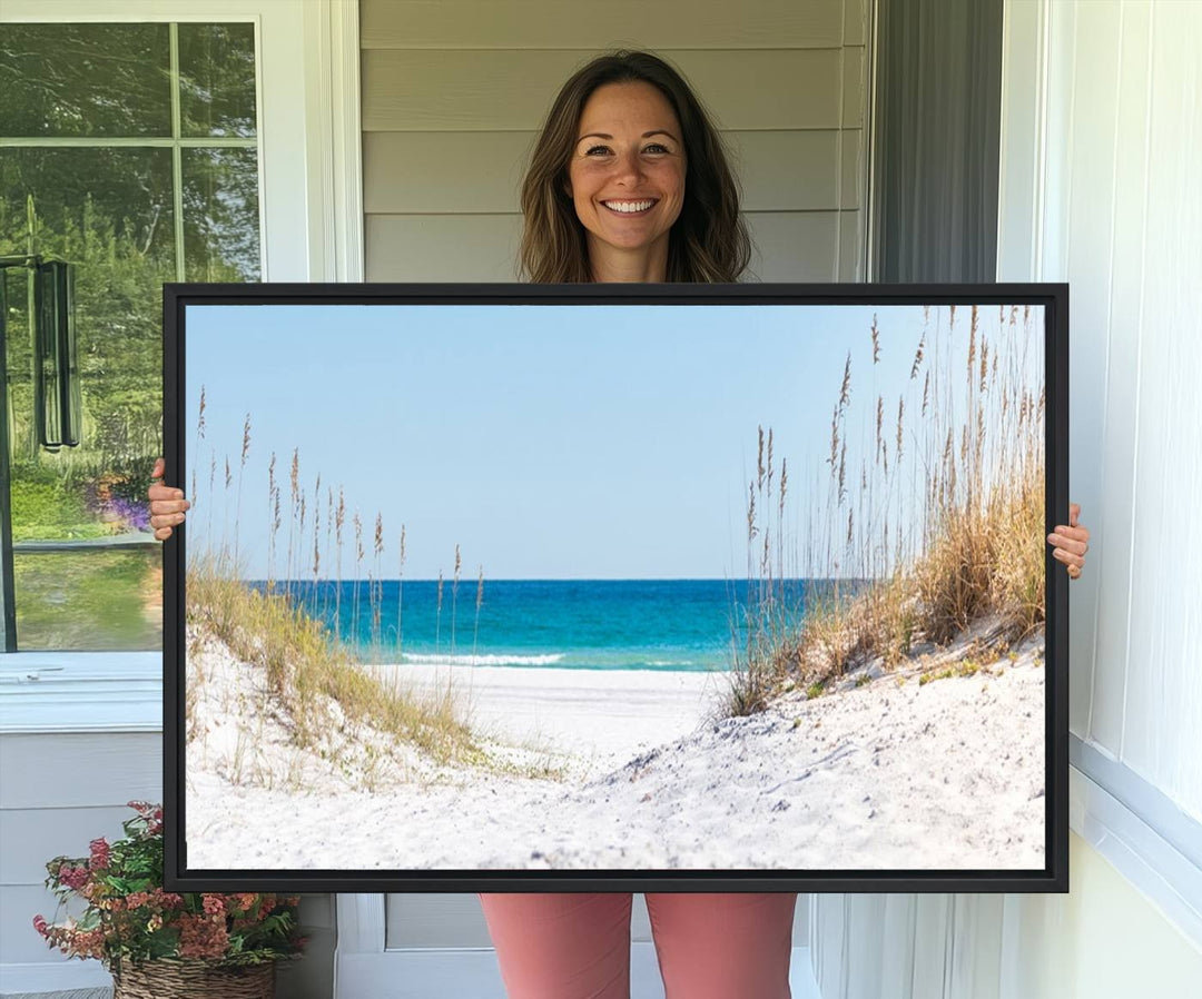 Serene Coastal Dune Path with Ocean View, 3-Panel Beach Canvas Art; tranquil seascape for coastal decor.