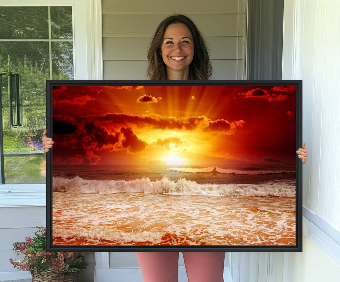 The Red Sunset Ocean Beach Canvas depicts ocean waves.