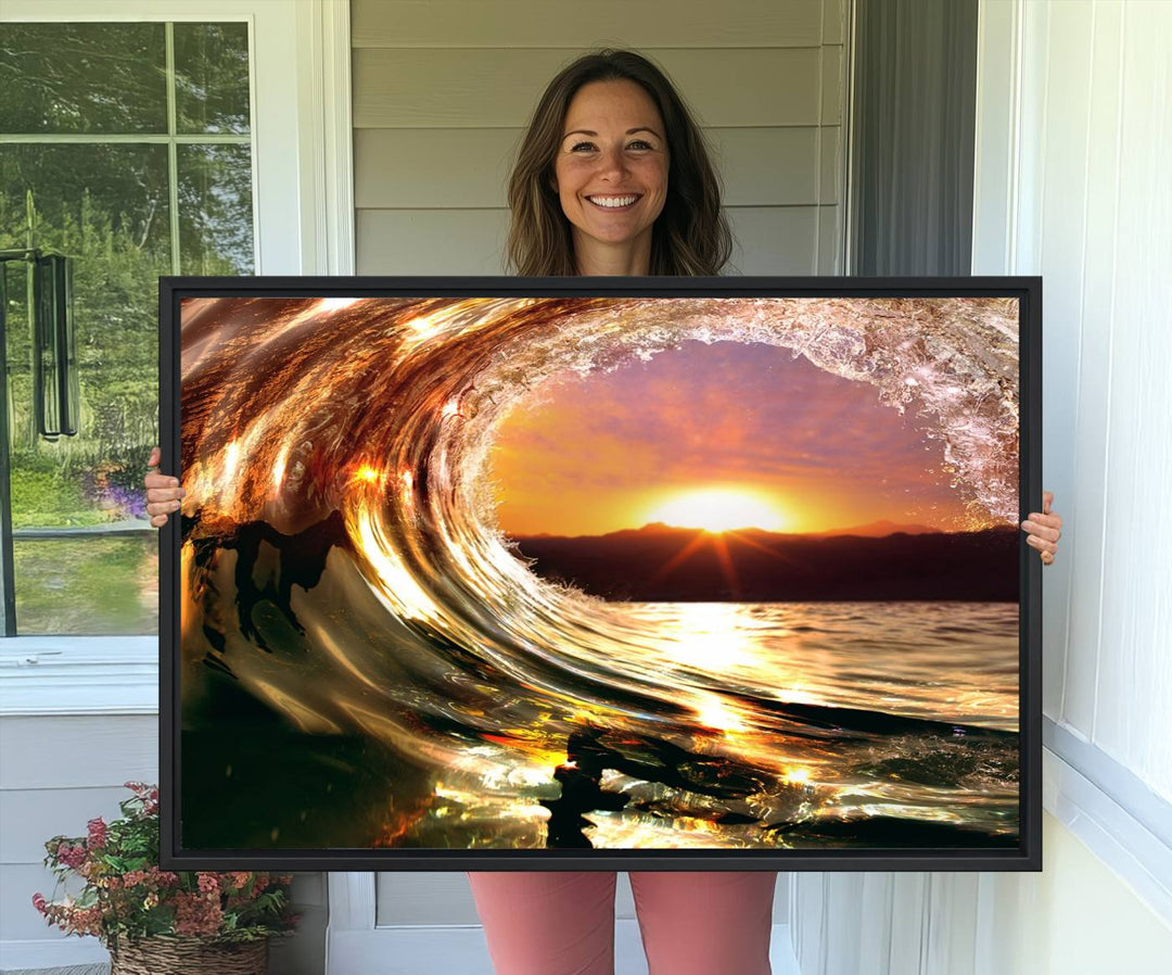 The Golden Wave Sunset Triptych Canvas Art showcases an ocean wave at sunset, casting warm light.