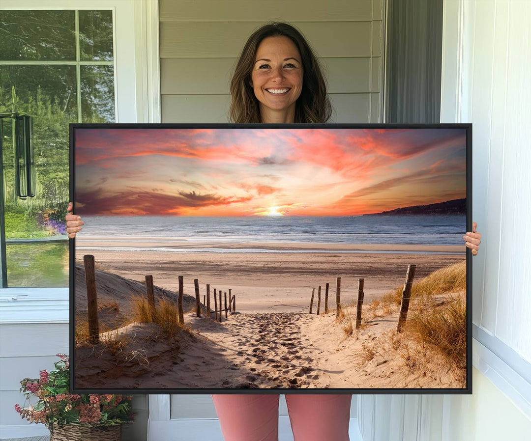 The Sunset on the Sea Wall Art Canvas Print beautifully captures a beach sunset and waves, enhanced with a UV-protective coating.