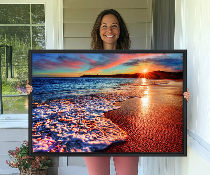 The Colorful Coastal Sunset on the Beach canvas print portrays ocean waves at dusk.