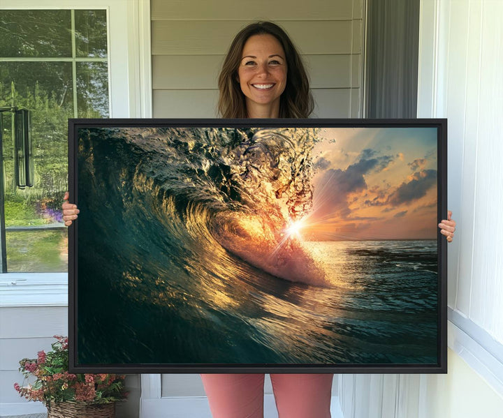 A triptych seascape titled Ocean Wave Sunset Canvas, featuring a stunning ocean view at sunset, is beautifully framed and ready to hang.