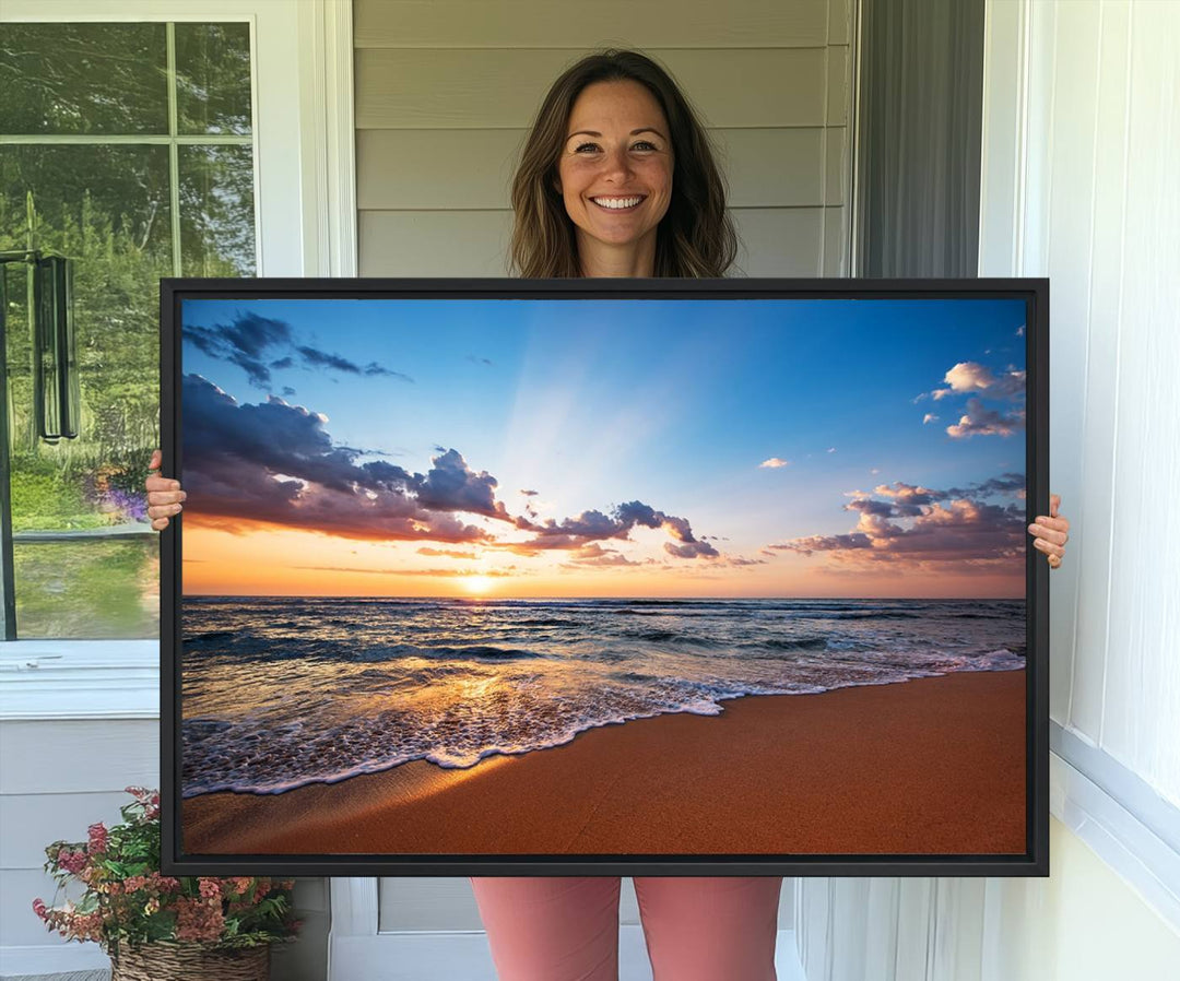 The living room showcases a Serene Ocean Sunset Canvas Print.