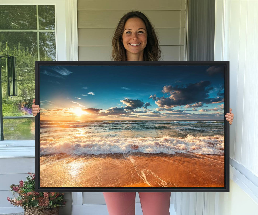 A Golden Sunset Beach Triptych Canvas Art hangs on a white wall.