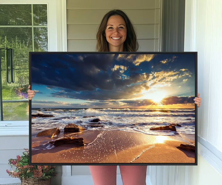 The Golden Hour Beach Sunset triptych adorns the wall with its captivating imagery.