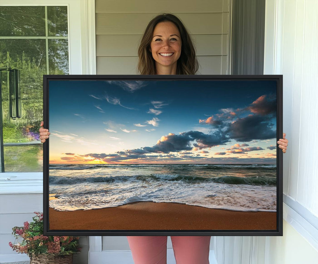 Ocean Beach Wall Art Canvas Print hangs prominently.