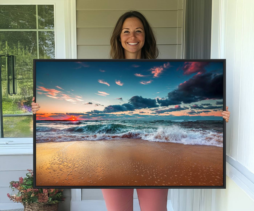 Sunset on Beach Wall Art: Waves under a vibrant sky. Crafted on museum-quality canvas, ready to hang and admire.