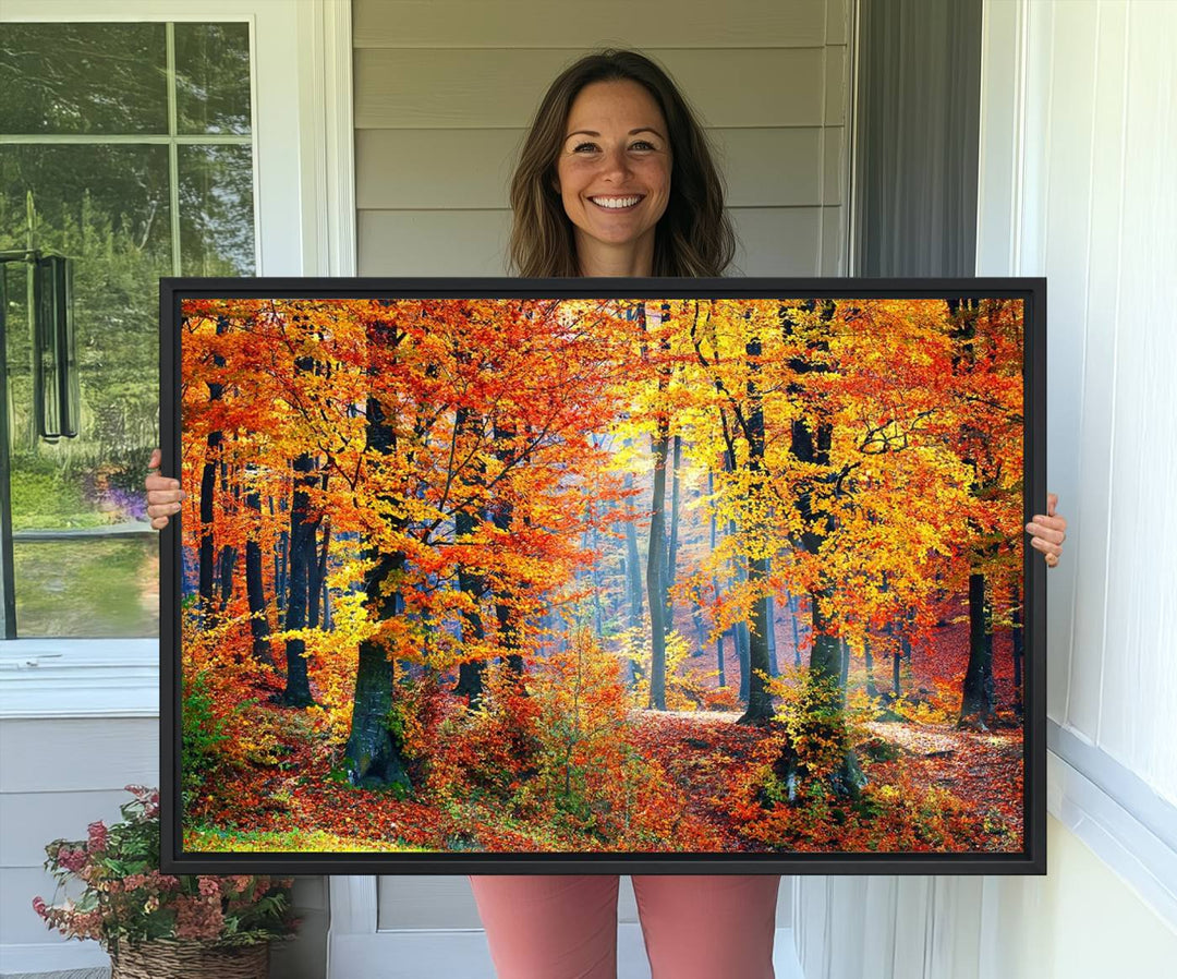 The room features an Autumn Red Forest Triptych Canvas Wall Art.