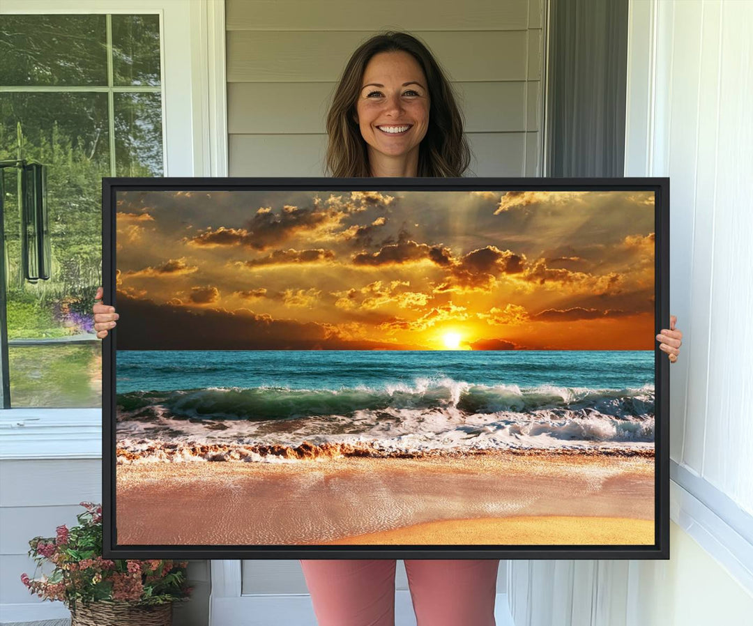 Golden Sunset Beach Canvas Triptych adorns the cozy room, creating a stunning focal point.