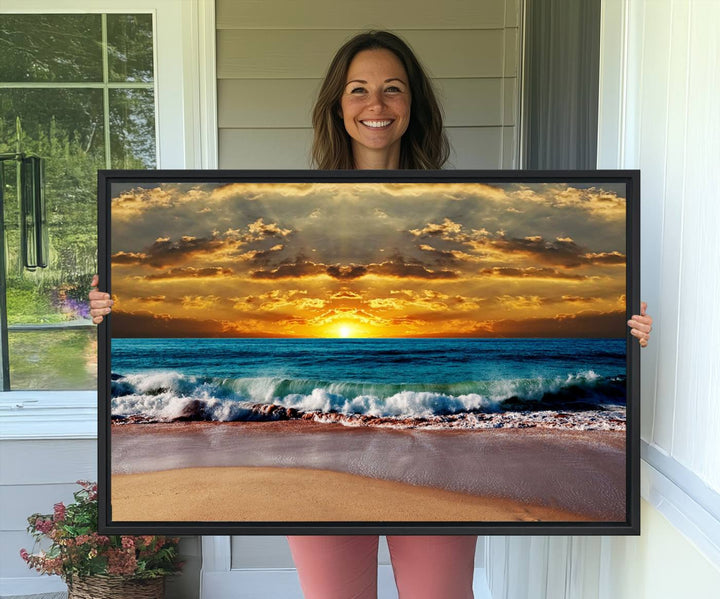 The Ocean Sunrise Over Golden Beach Waves wall art is prominently displayed, capturing the serene beauty of a beach at sunrise.