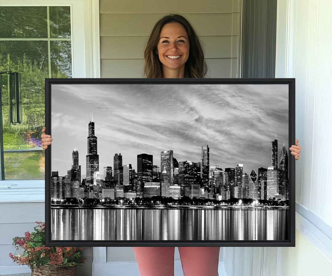 The Chicago City Cloudy Skyline Canvas Print hangs prominently.