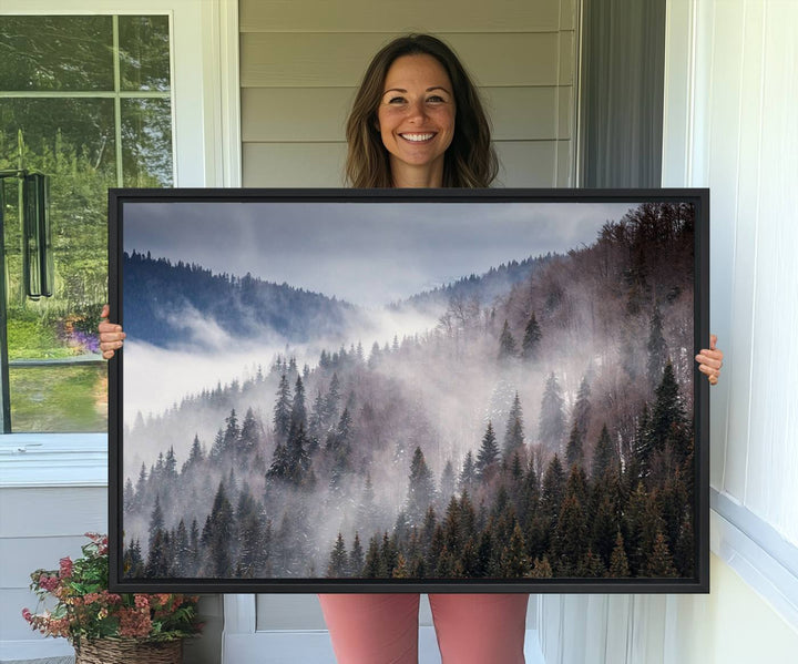 A museum-quality canvas of Beautiful Rising Fog in Winter Mountain Landscape hangs on the wall.