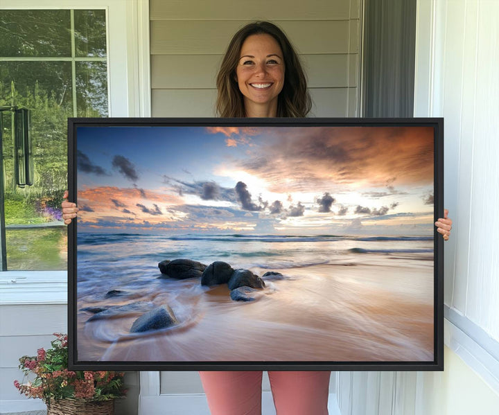 The Serene Weather On The Beach wall art canvas is ready to hang.