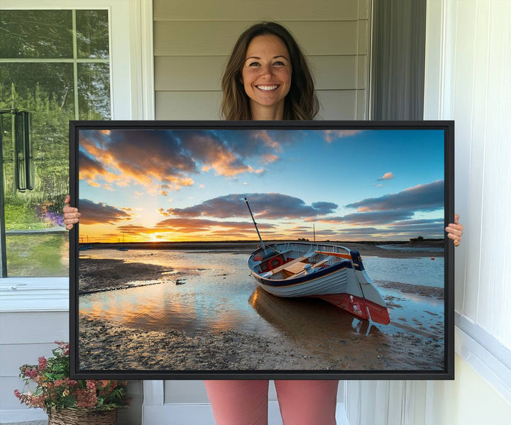 The Small Boat At The Beach Sunset wall art canvas print features UV coating, is museum-quality, and is ready to hang.