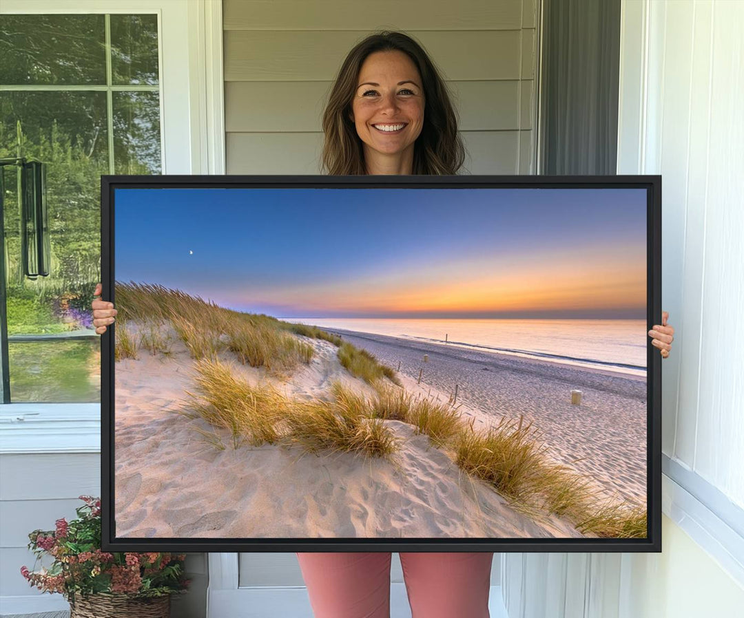 The cozy kitchen features the Sunrise On The Beach canvas art.