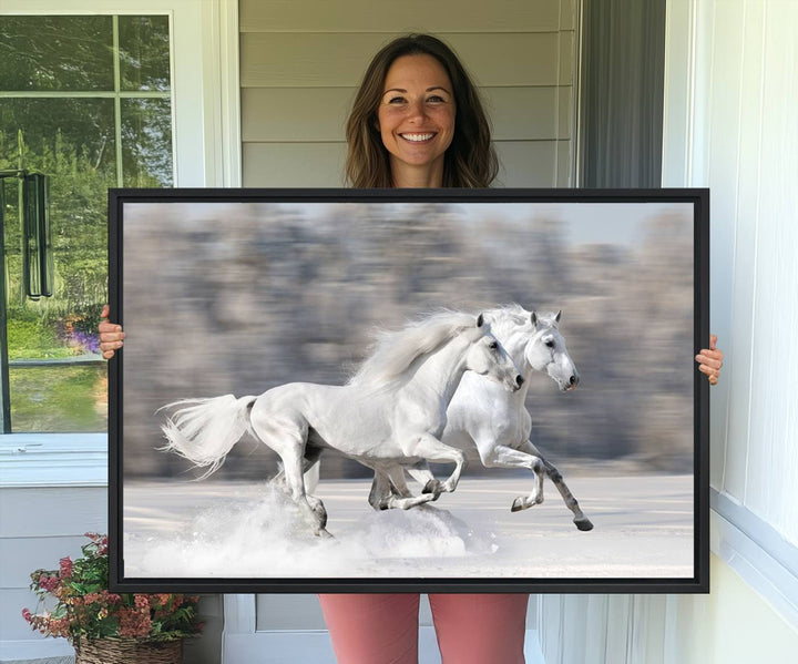 Museum-quality All The White Horses canvas print of two white horses in snow, ready to hang.