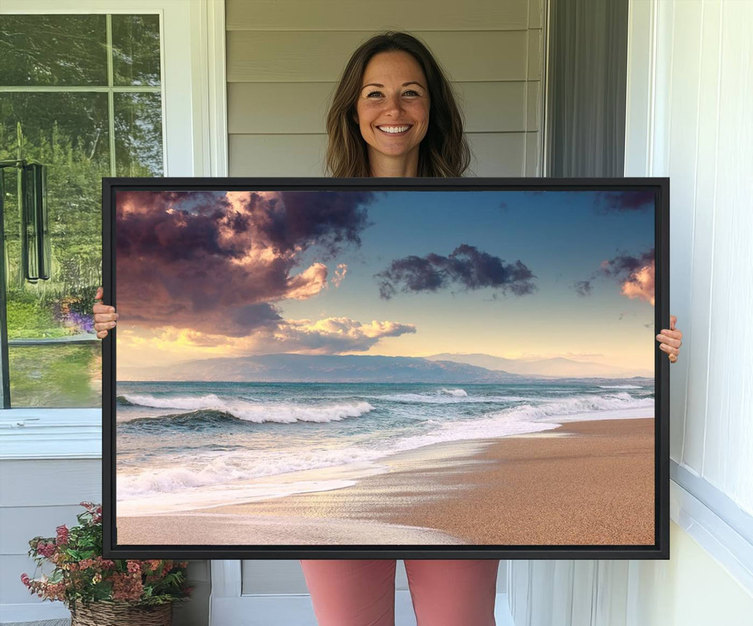 The dining area is enhanced with the Cloudy Weather Beach Sunset Canvas Print.