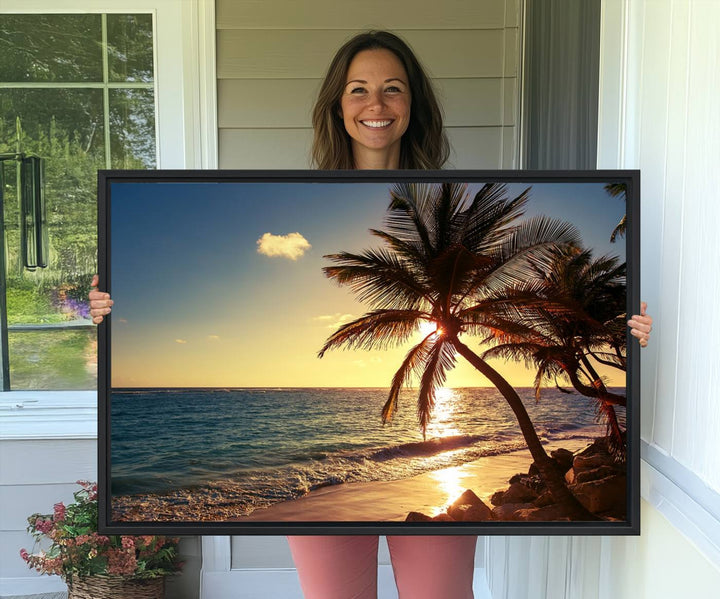 Sunset Palm Trees Wall Art Canvas Print: a serene beach scene on museum-quality canvas.