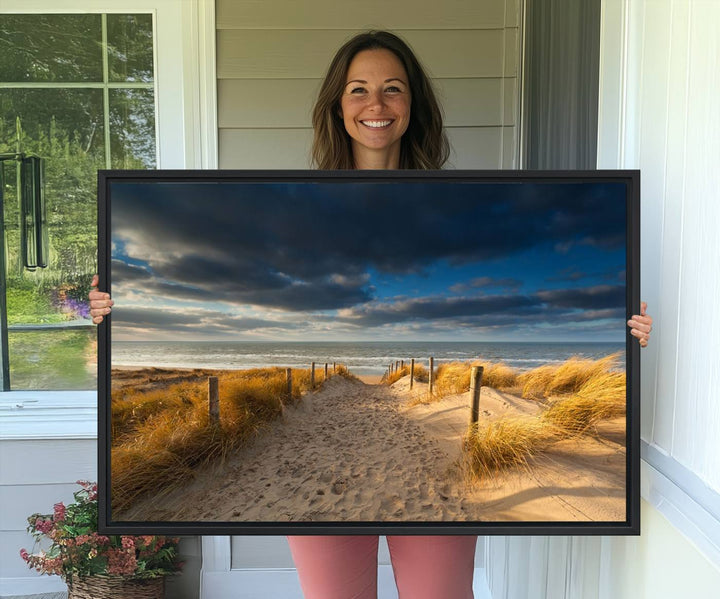 Museum-quality Ocean Beach Dark Clouds canvas print.