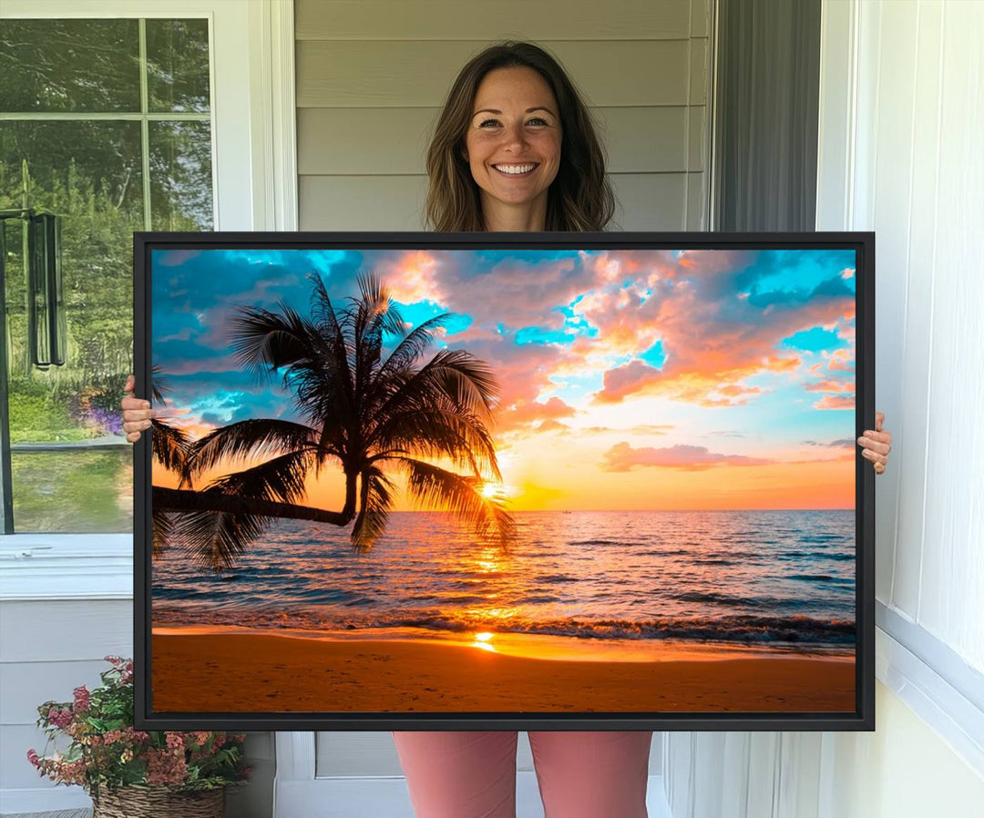 The Palm Tree Sunset On The Beach ready-to-hang canvas wall art—museum quality—brings a serene atmosphere to the room.