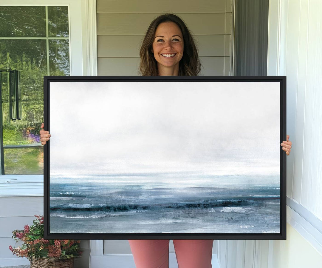 The dining area features Blue Ocean Abstract Artwork on canvas.