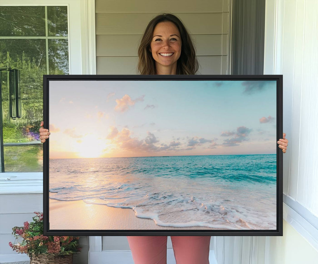 The room features a 3-panel Tranquil Ocean Beach Sunset Canvas Wall Art.