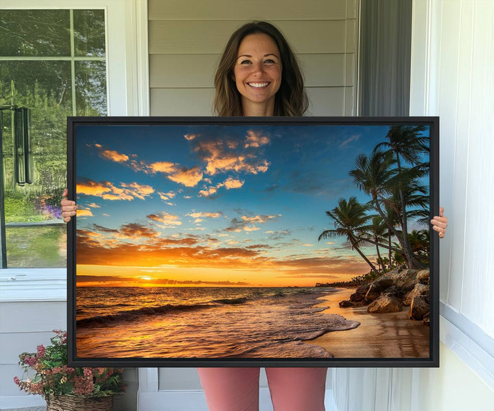 A stunning beach sunset on a museum-quality Sunset Wall Art Canvas Print adorns the kitchen wall.