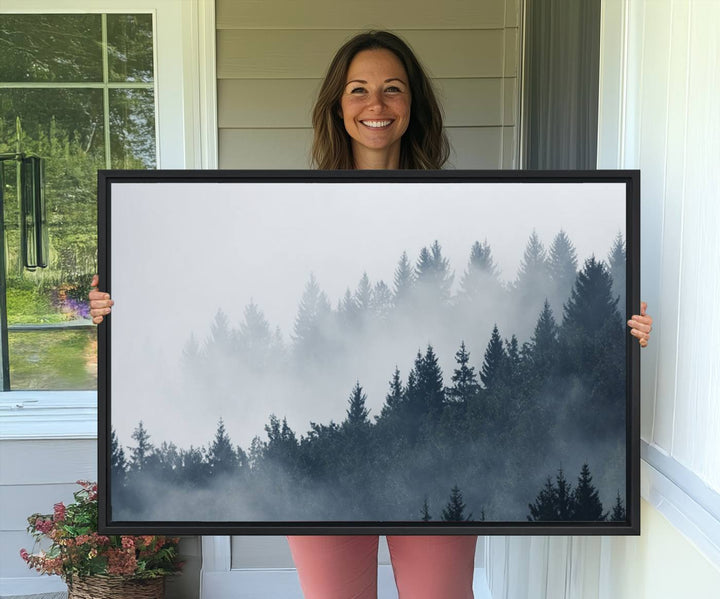 A large Foggy Pine Forest Wall Art Canvas Print.